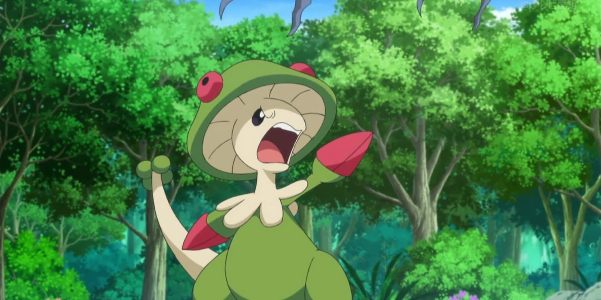 Breloom yells as it points at an opposing Pokemon in battle.