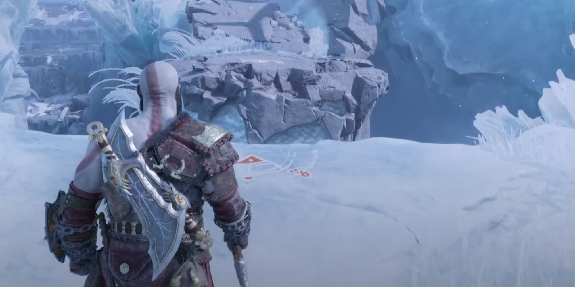 Kratos looking forward at a climbable surface in the Realm Between Realms.