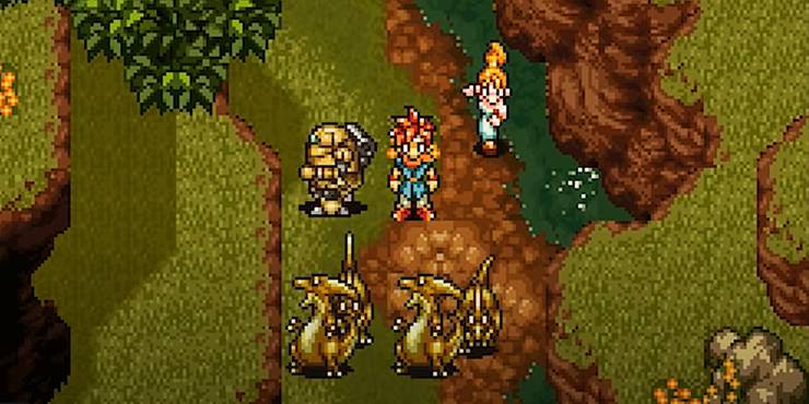 Chrono Trigger screenshot of Robo, Chrono and Marle facing down a group of dinosaurs