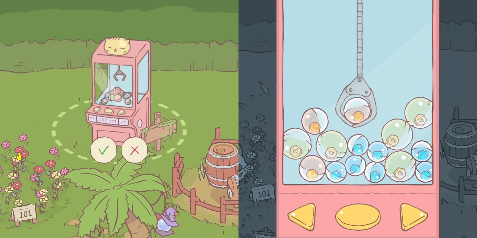 Left Panel: A pink claw machine with a cat face on it. Right Panel: A claw machine picks up a capsule with coins in it. Images from Cats And Soup.