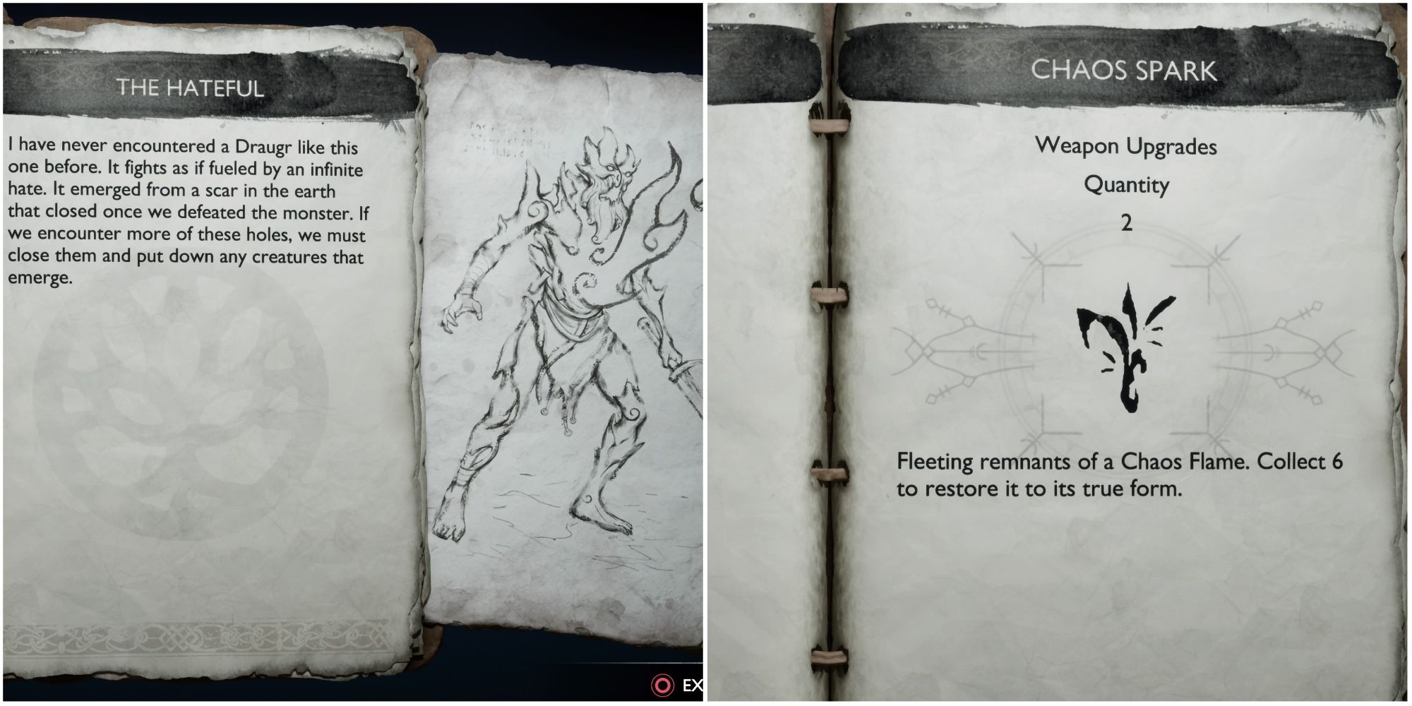 Split image showing information on The Hateful and Chaos Spark.