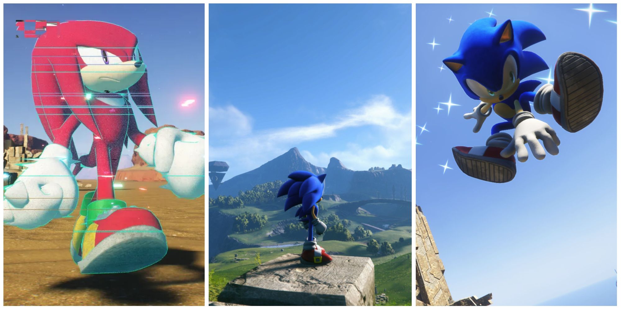 Knuckles, Sonic overlooking a field, Sonic jumping while posing