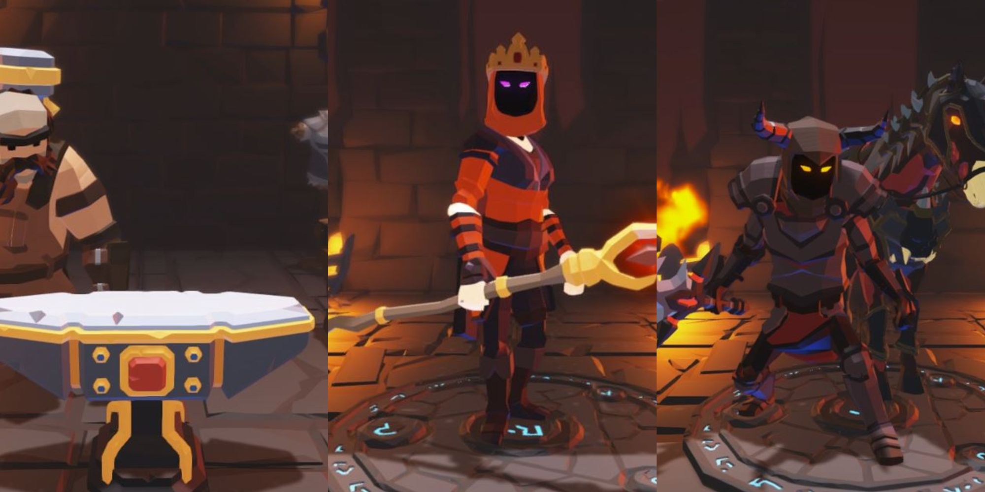 A collage of the blacksmith, the pyromancer, and the final unlockable character in Soulstone Survivors.