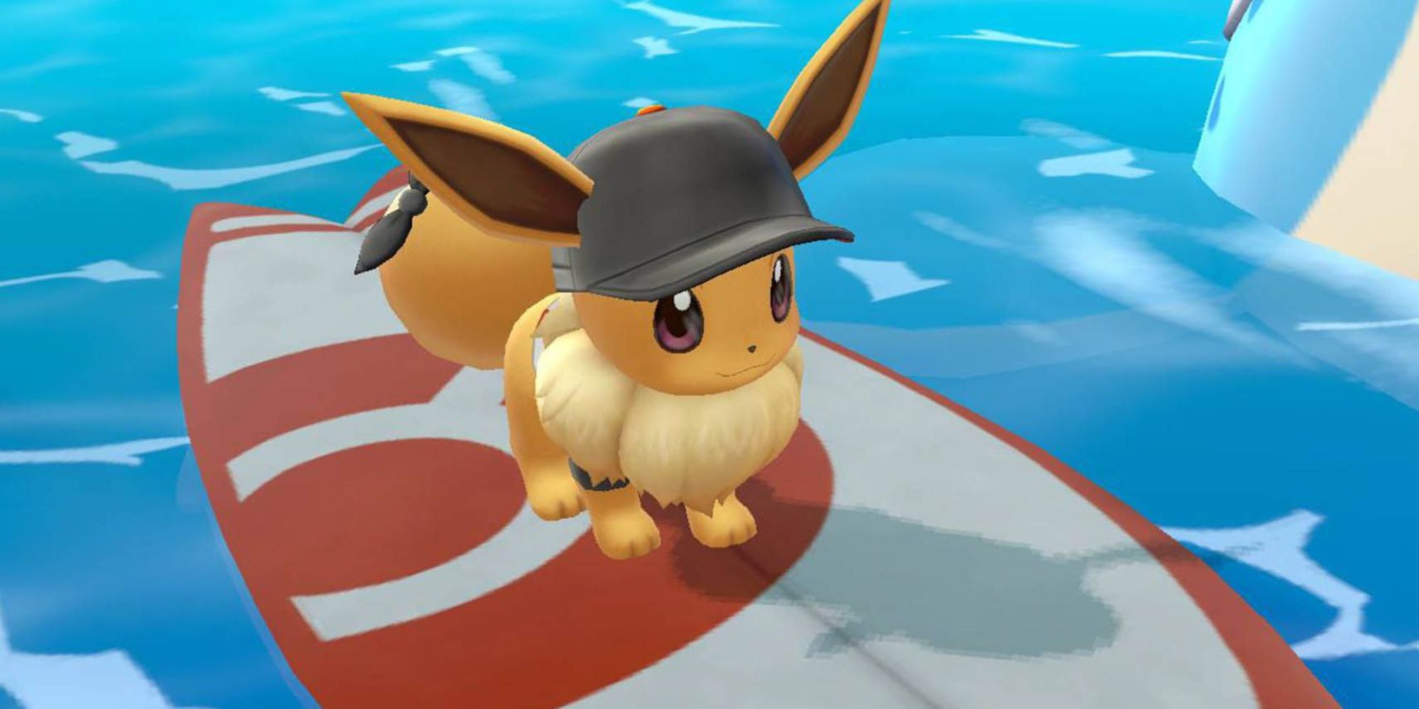 Eevee in a black hat, riding a surfboard with a black band on its arm