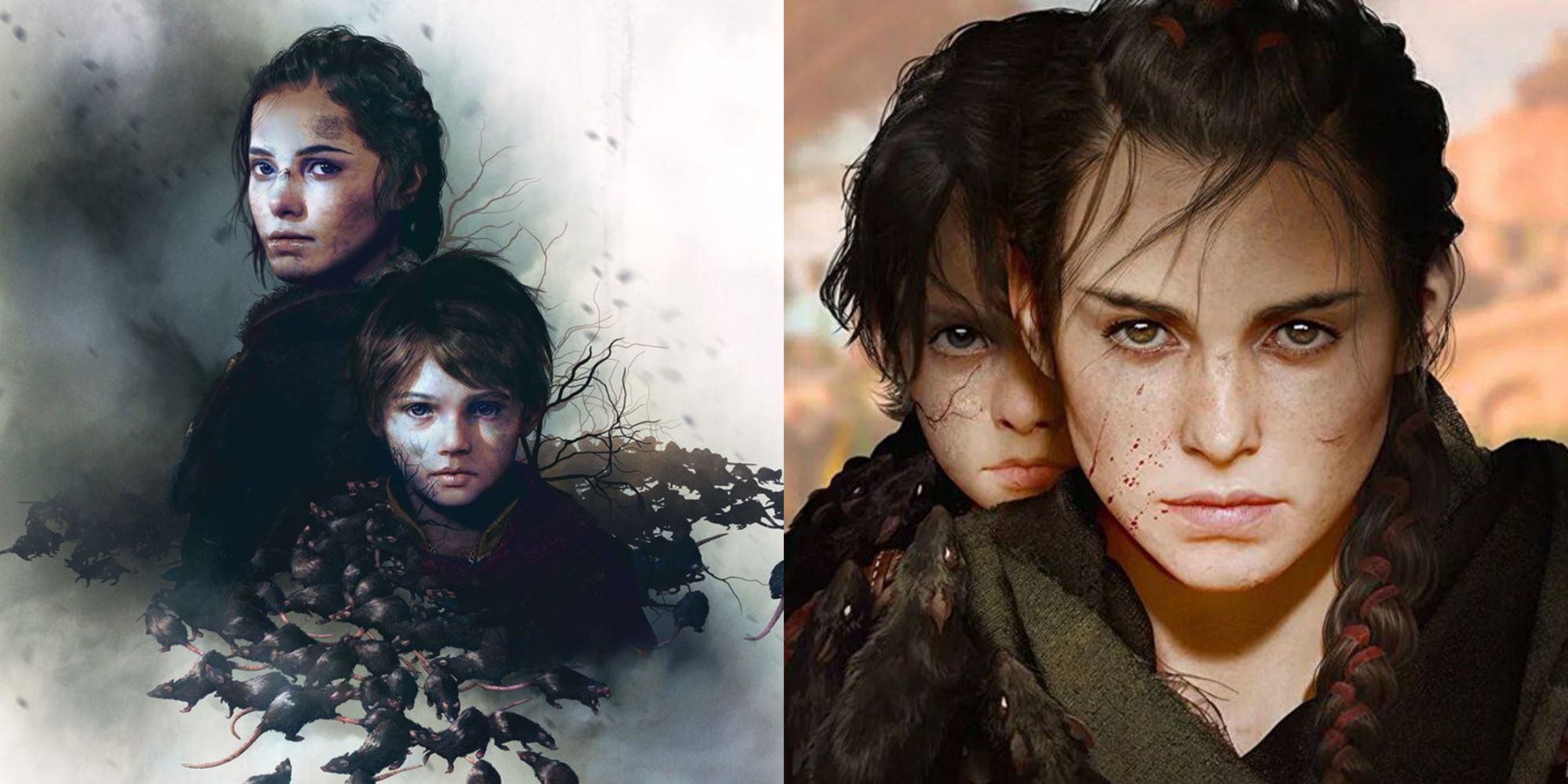 A split image of the cover art for Plague Tale: Innocence and Requiem, with Amicia and Hugo. 
