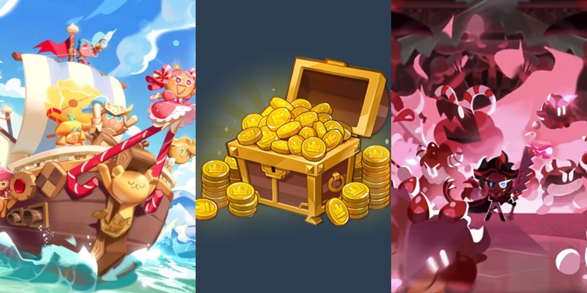 A ship, treasure chest, and scene from Cookie Run Kingdom