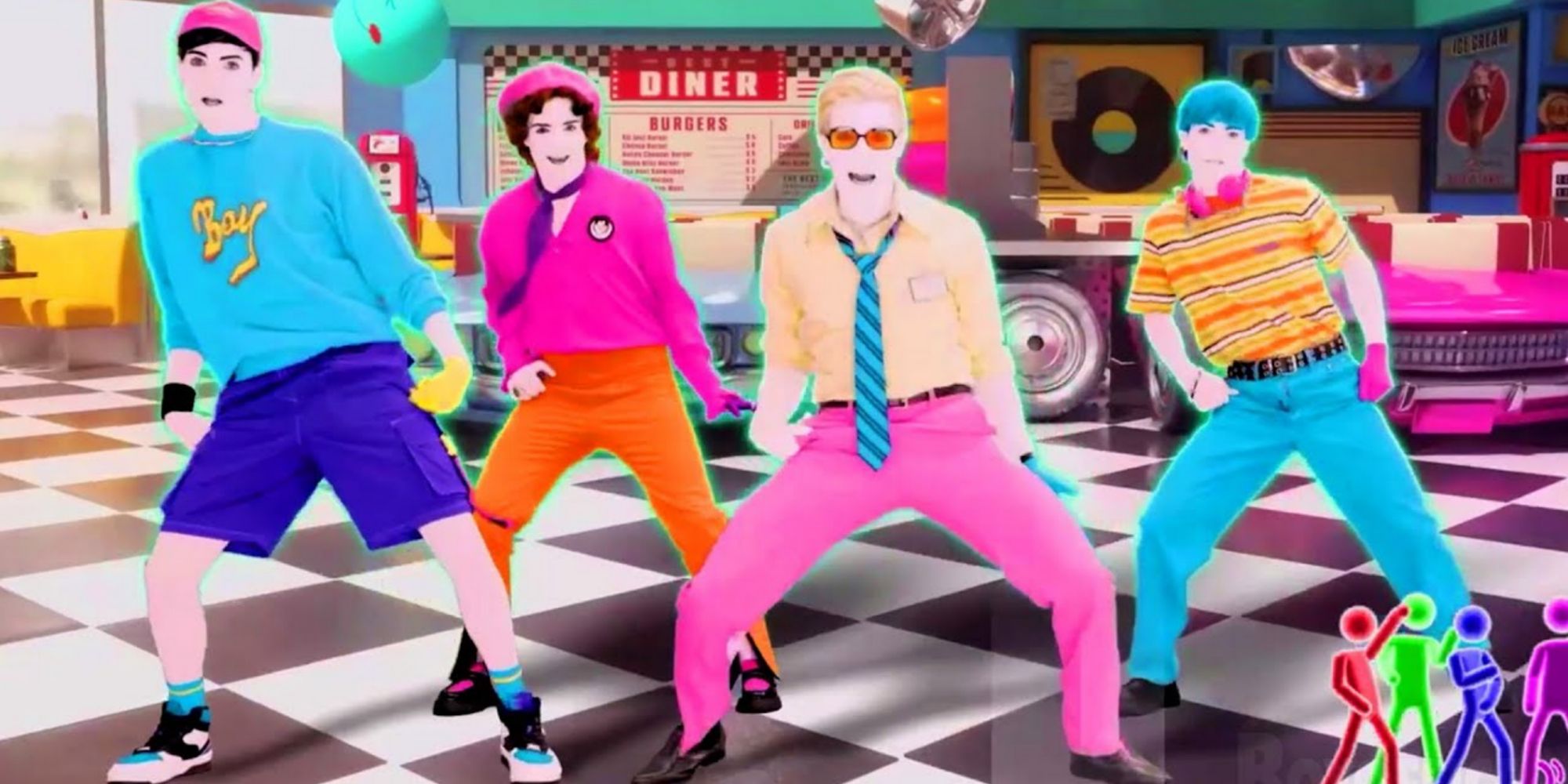 4 brightly colored men dancing