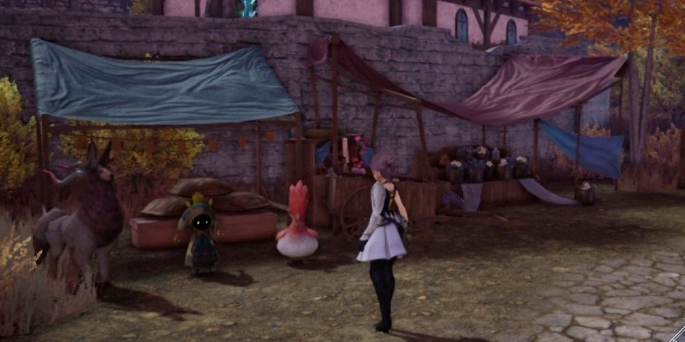 Player character standing in front of the Conellu Livestock Merchant in Harvestella.