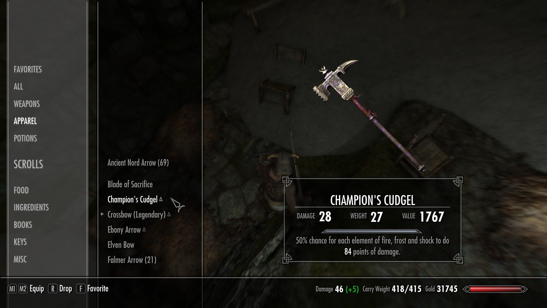 A screenshot of a particular hammer and its stats.