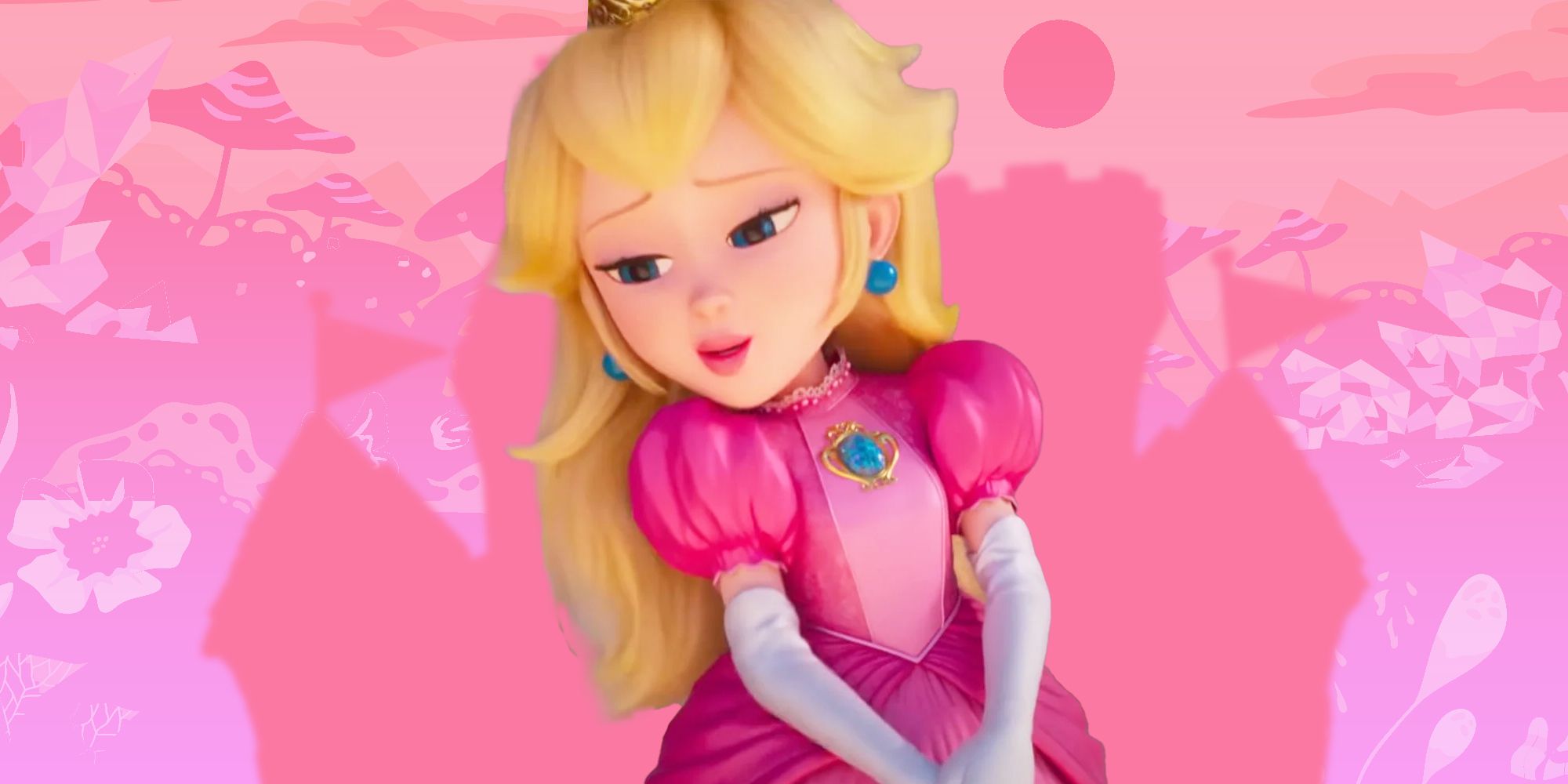 Peach in the Mario Movie against a pink background