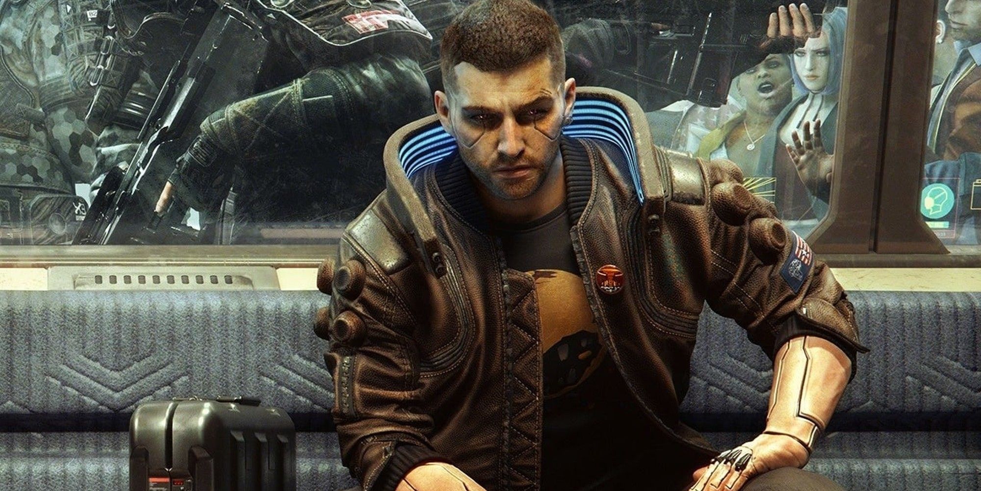 cyberpunk character 2077 was sitting on the subway