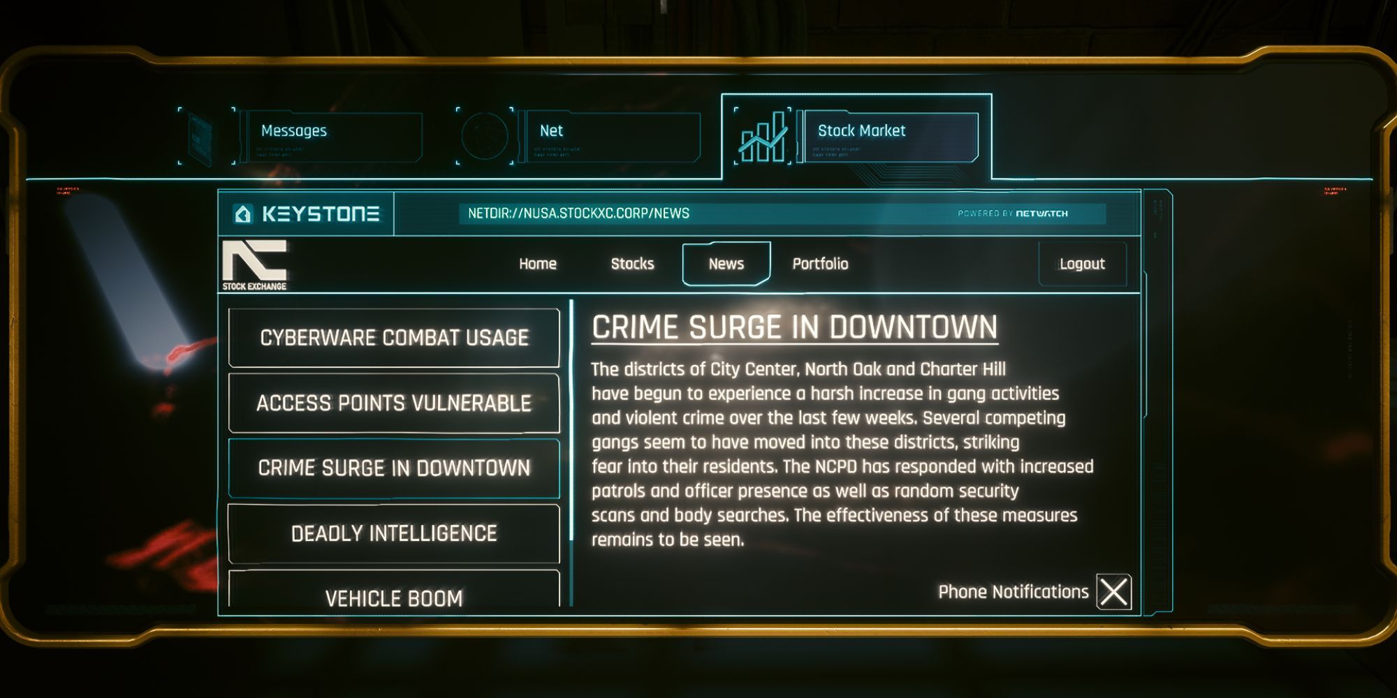 A modded news flash in Cyberpunk 2077, discussing a rise in crime across Night City. 