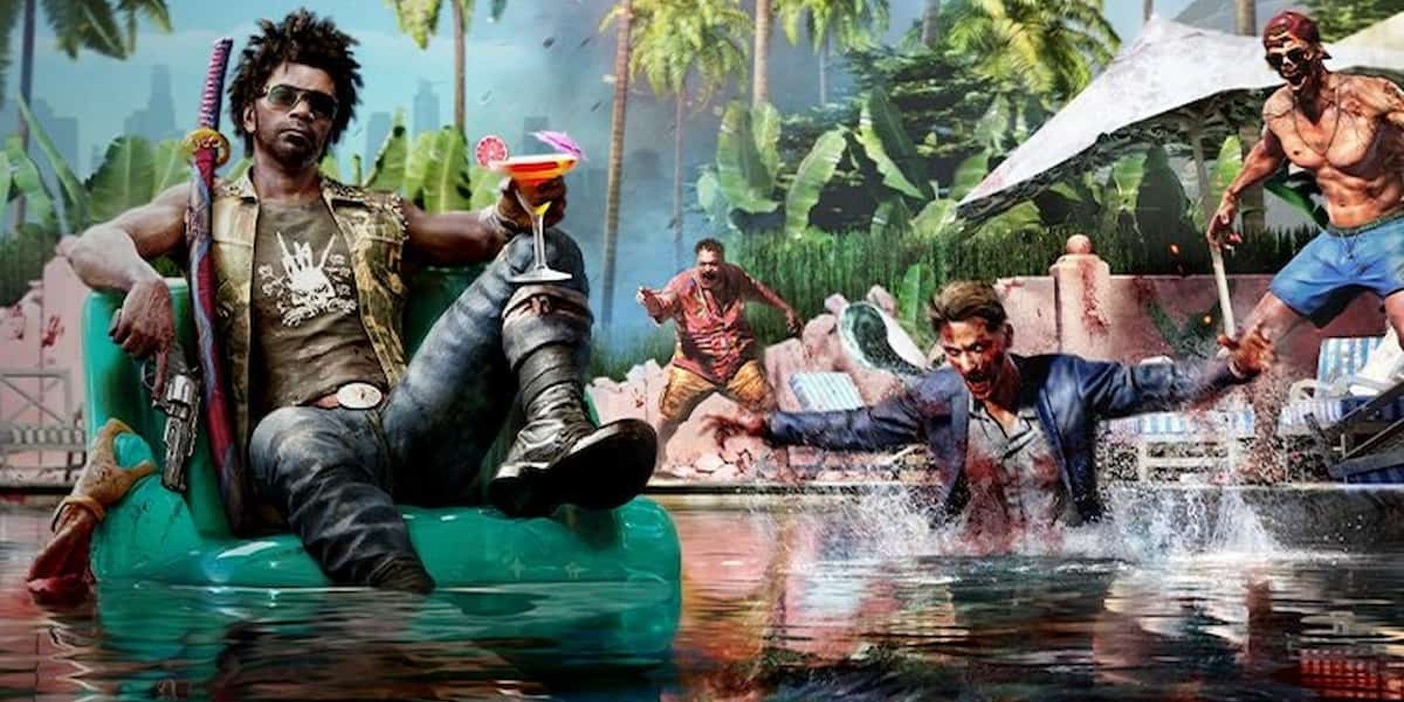 dead island character relaxing in a pool with zombies