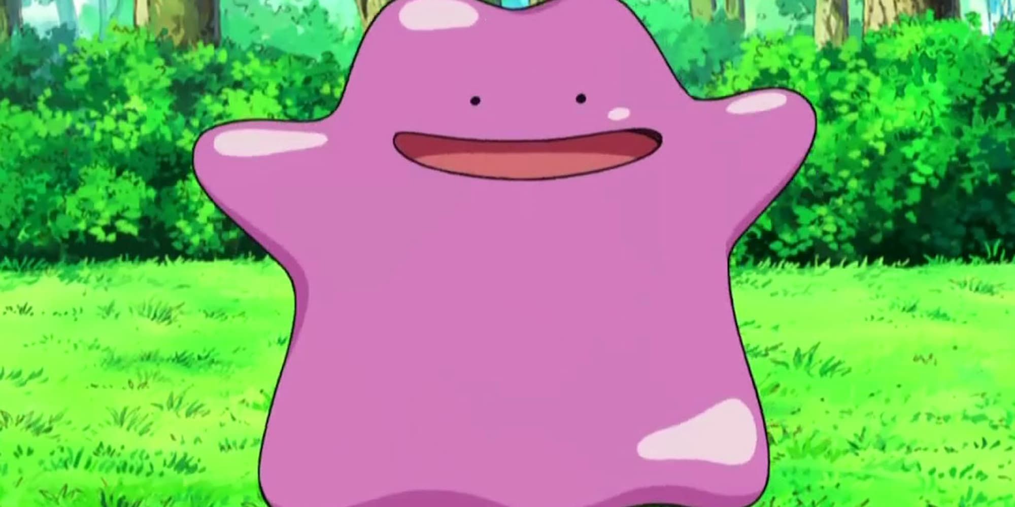 Ditto stands in a grass field with a huge smile on its face.