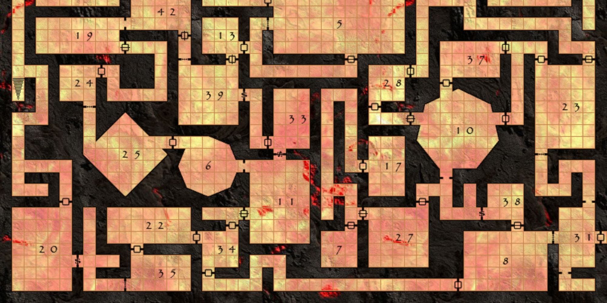 Dungeon map with black walls and orange floors