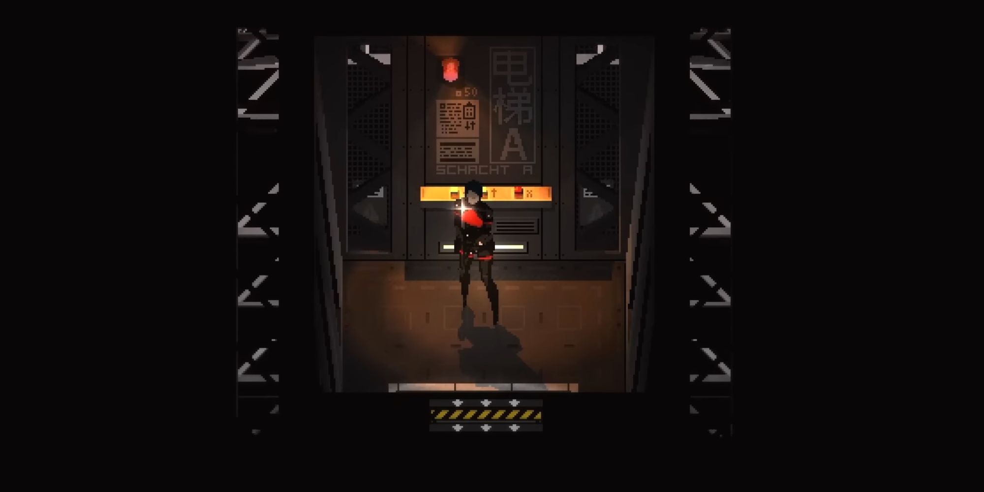 Elster riding an elevator. Black borders are on either side.