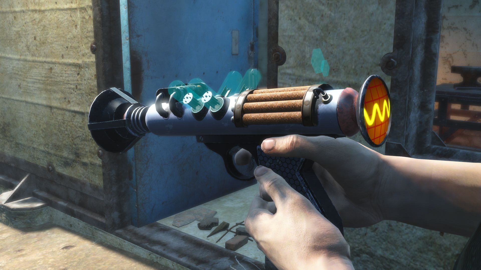 Fallout 4 A Taste of Blues mod retro-futuristic pistol with waves on the back