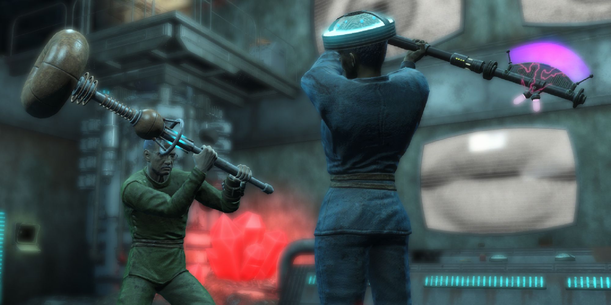 Fallout 4 two people in jumpsuits swinging at each other with futuristic clubs