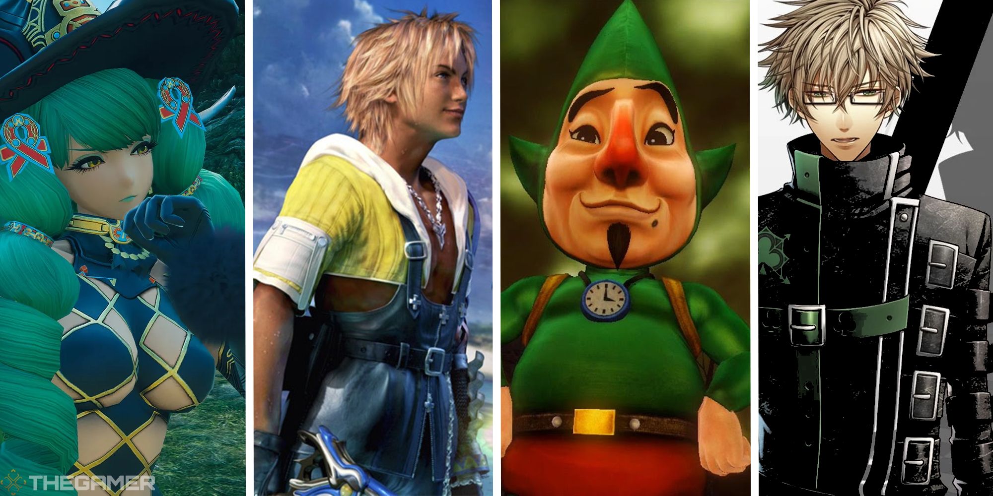 split image with fiore, tidus, tingle, and kent