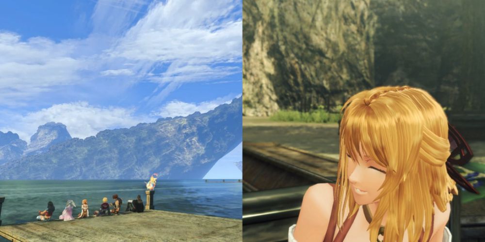 Split image screenshots of the party overlooking water and Fiora in Xenoblade Chronicles Definitive Edition