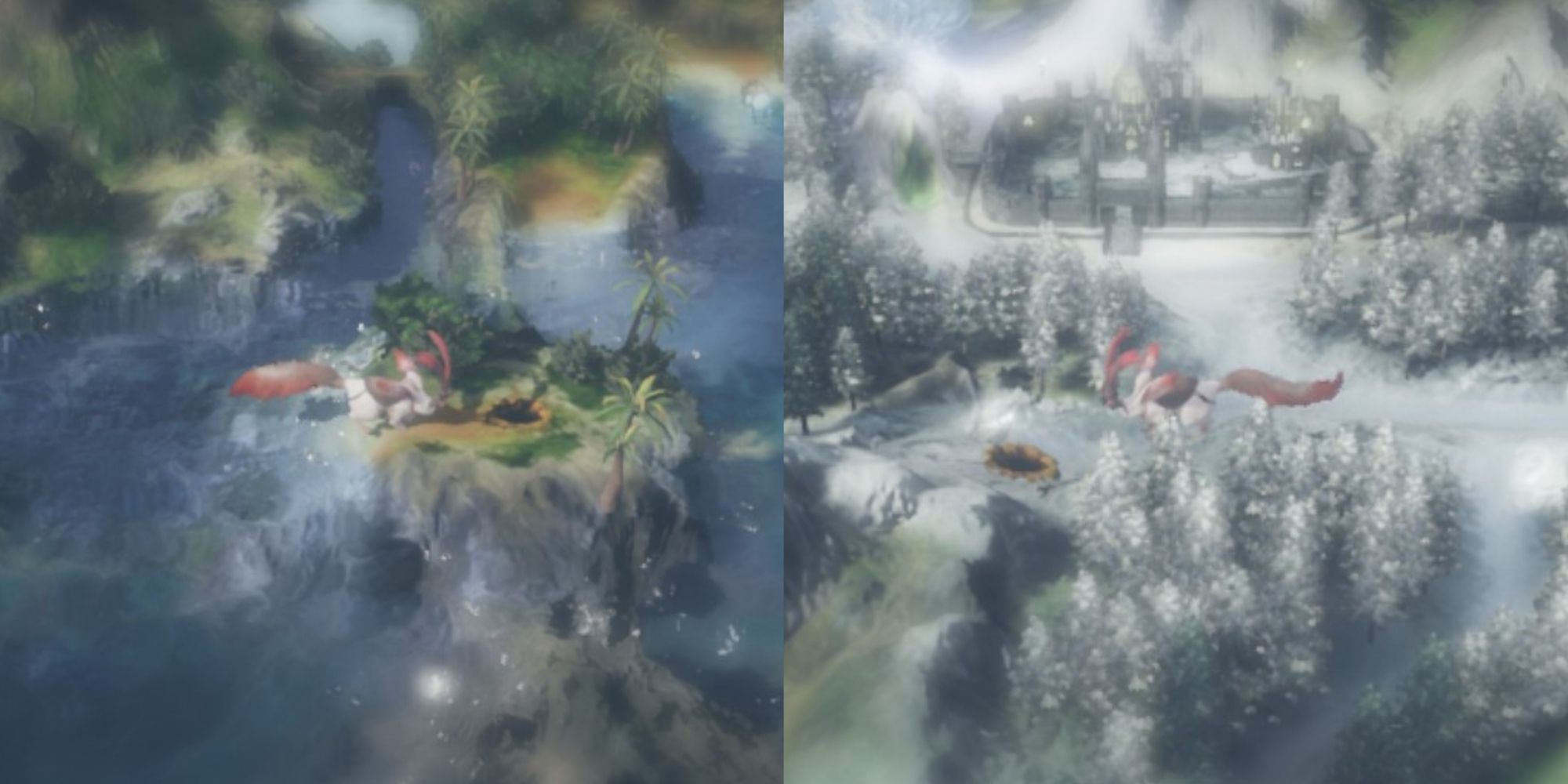 Split image screenshots of Hidden Cave locations in Harvestella.