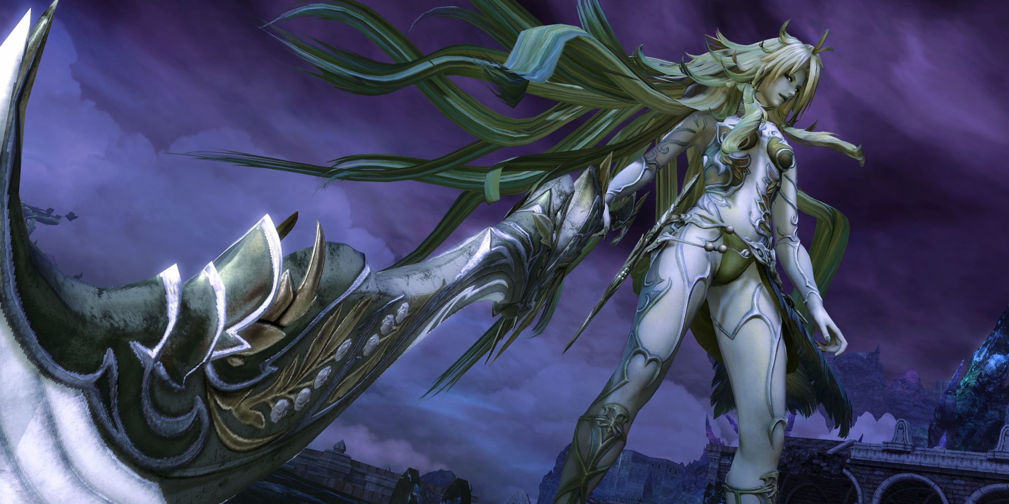 Barbariccia brandishing her sword in the Storm's Crown Extreme Trial in Final Fantasy 14: Endwalker
