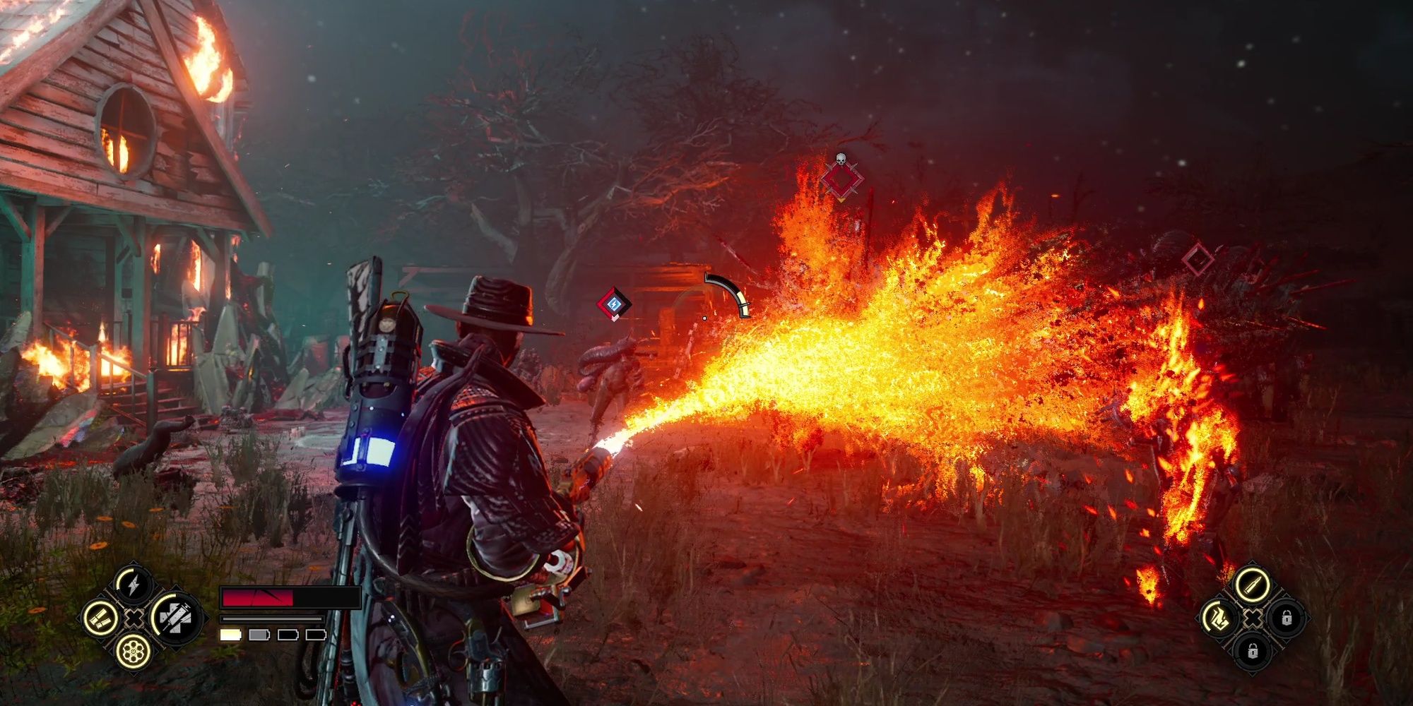 Evil West: Using The Flamethrower To Deal With A Vampire Crowd