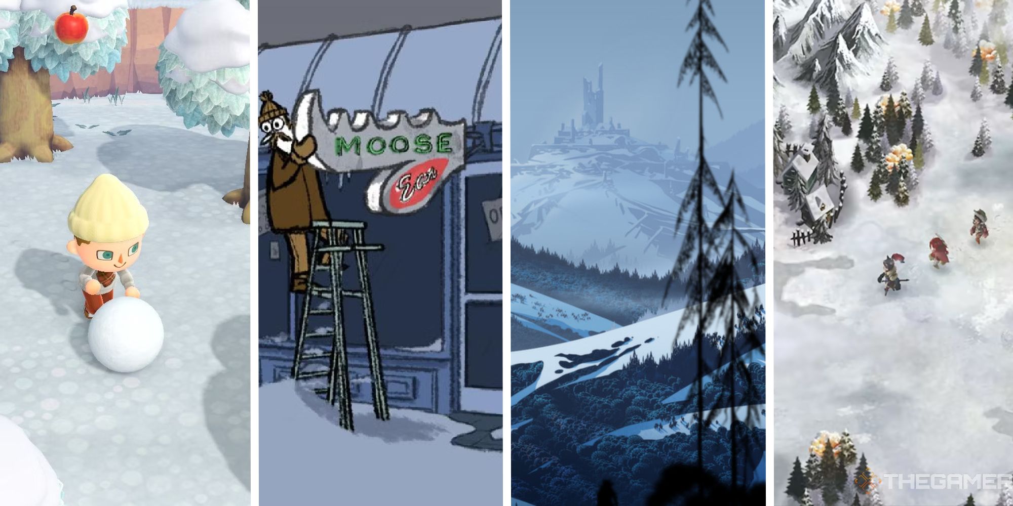split image showing animal crossing, puzzle agent, the banner saga, and i am setsuna