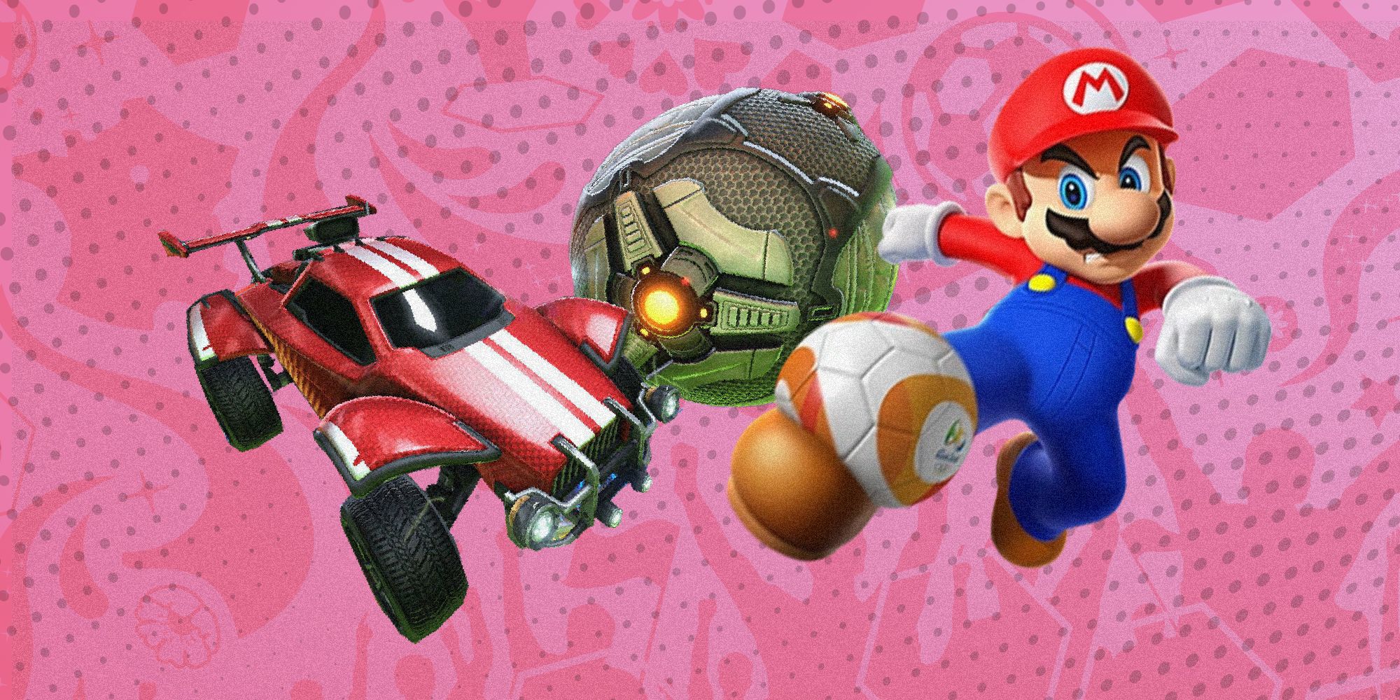 Mario kicking a football with a Rocket League car and ball nearby and a pink background