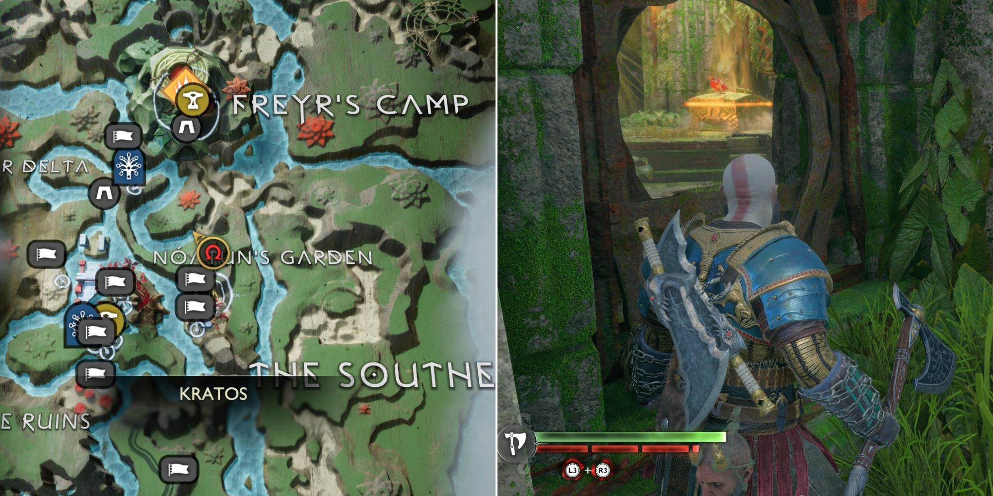 Two photos. The left is the Vanaheim map showing the location of the garden chest, The right photo is Kratos trying to sneak a quick look into the locked off room.