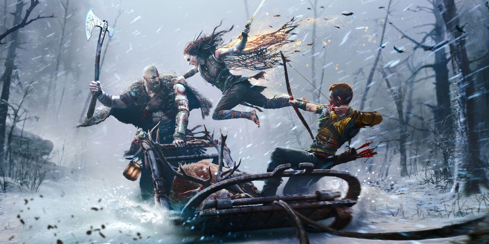 Kratos, Freya, and Atreus fighting on a snow sled
