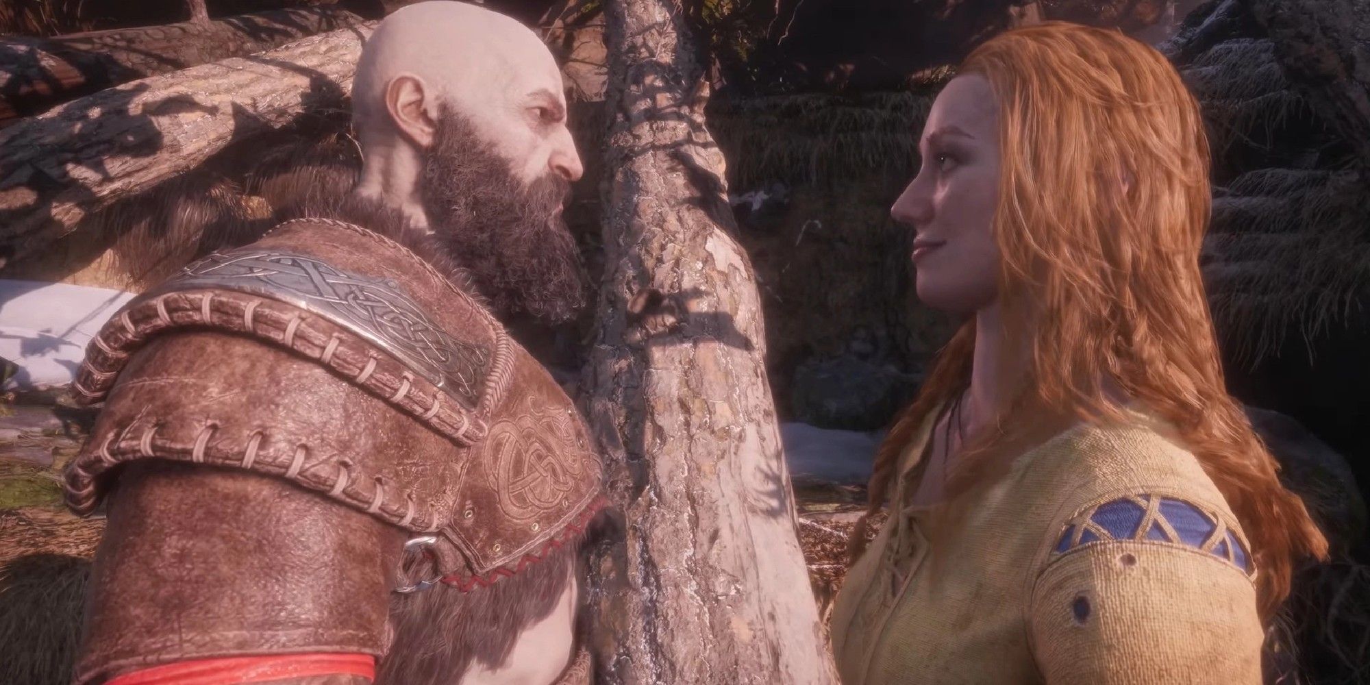 kratos and faye from god of war ragnarok looking face to face