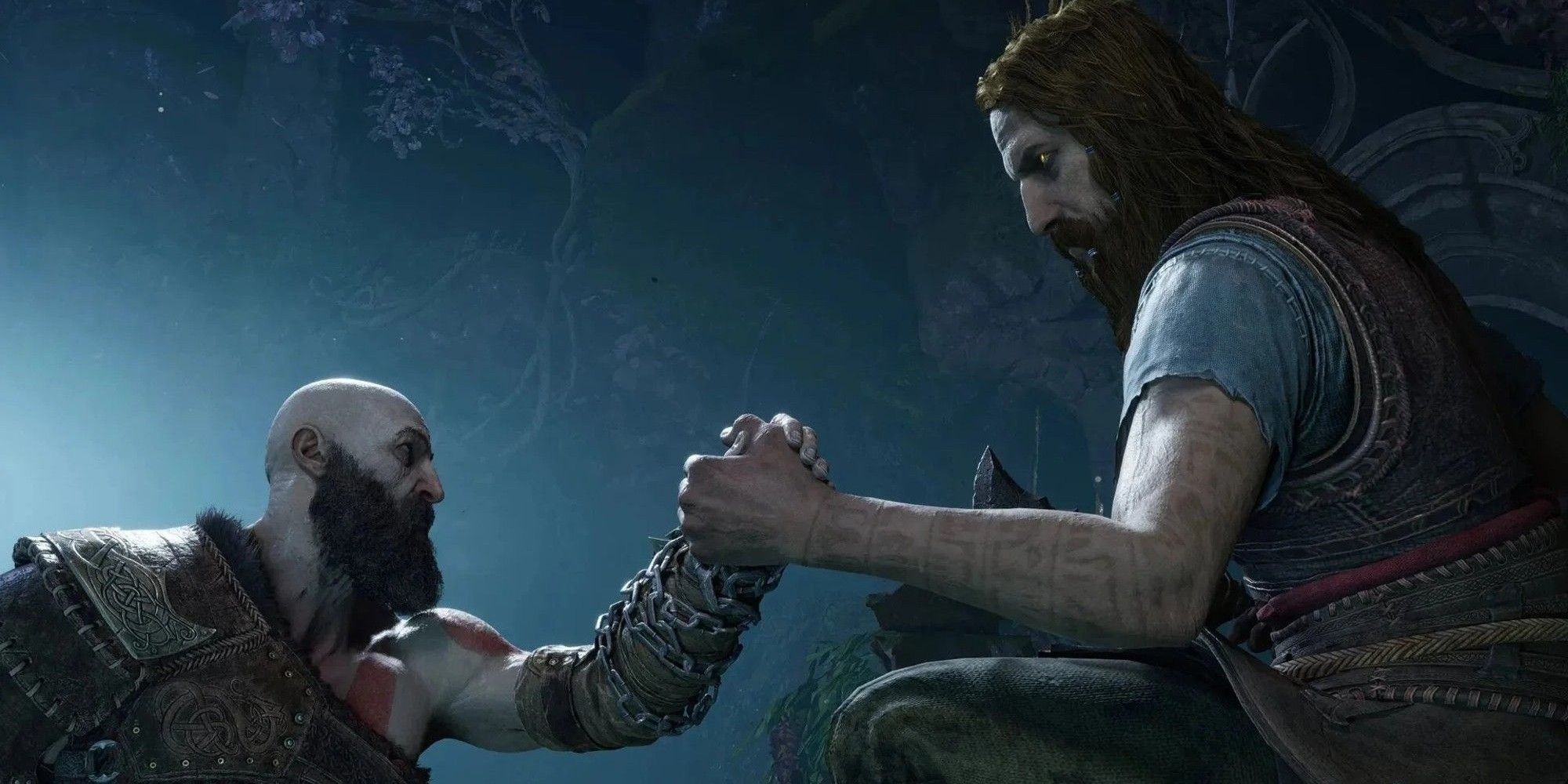 God of War: Ragnarok - Tyr helping Kratos up a ledge