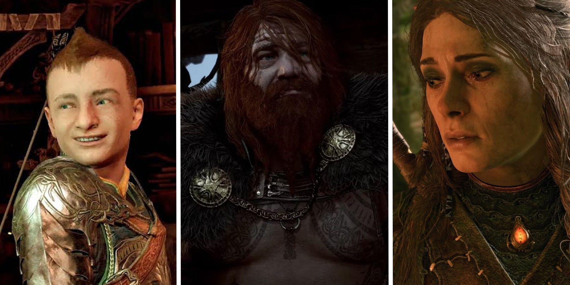 Split image of Atreus, Thor, and Freya