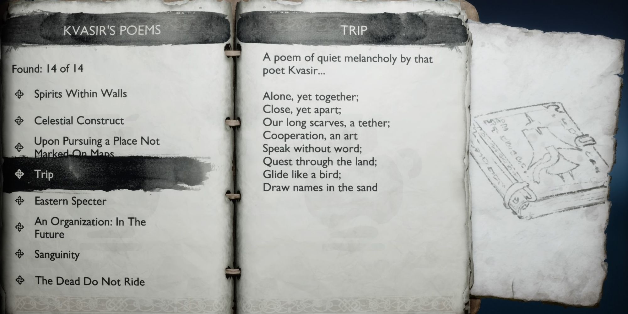 Krato's journal open to the page about Trip