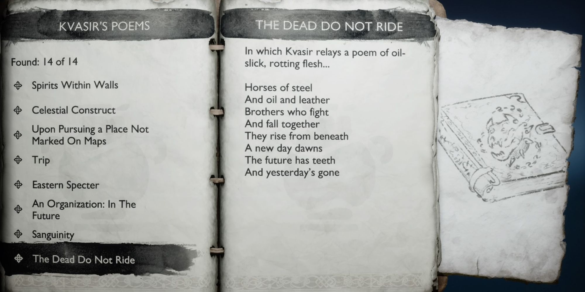 Krato's journal open to the page about The Dead Do Not Ride