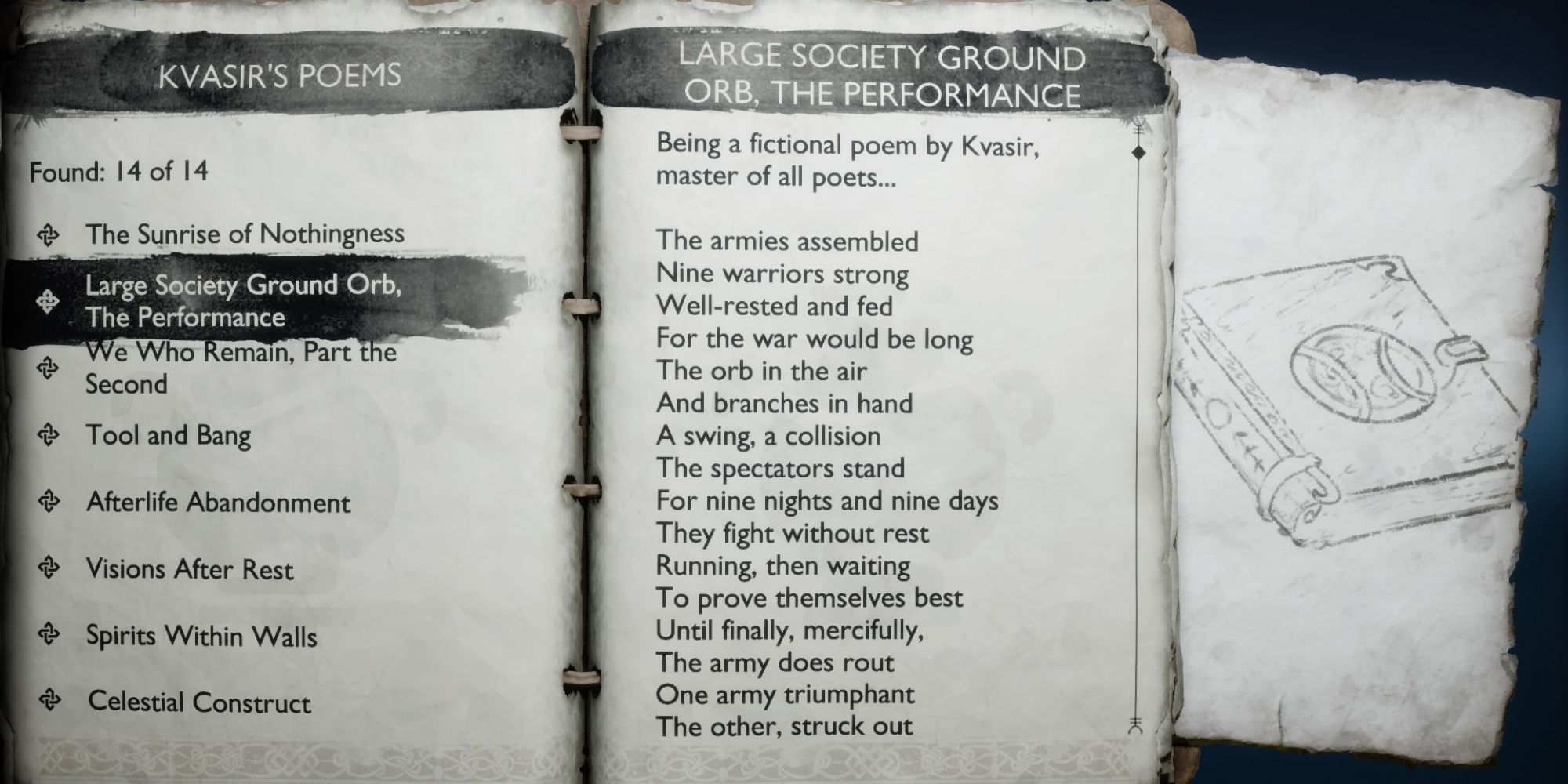 Krato's journal open to the page about Large Society Ground Orb, The Performance