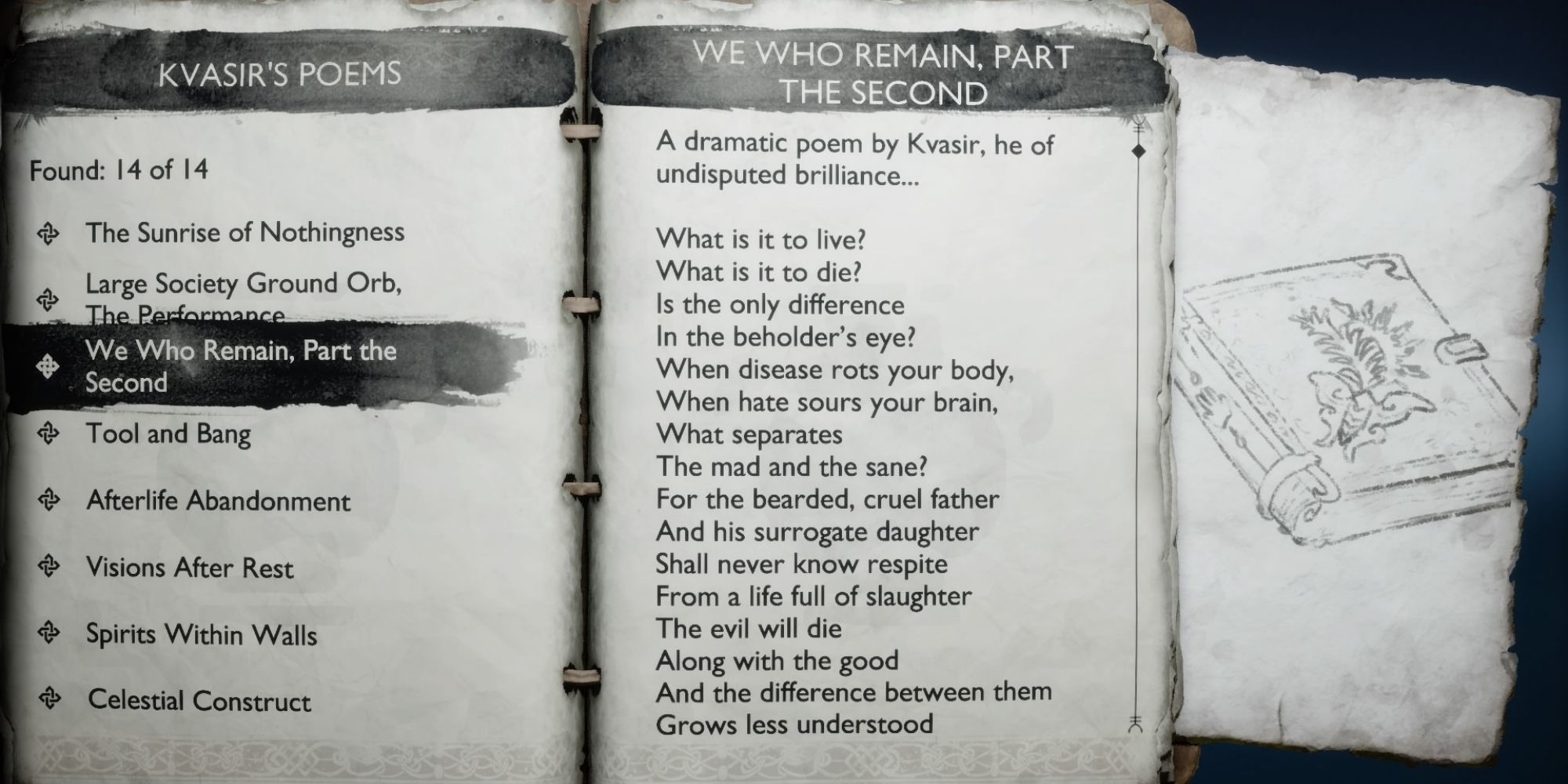 Krato's journal open to the page about We Who Remain, Part the Second