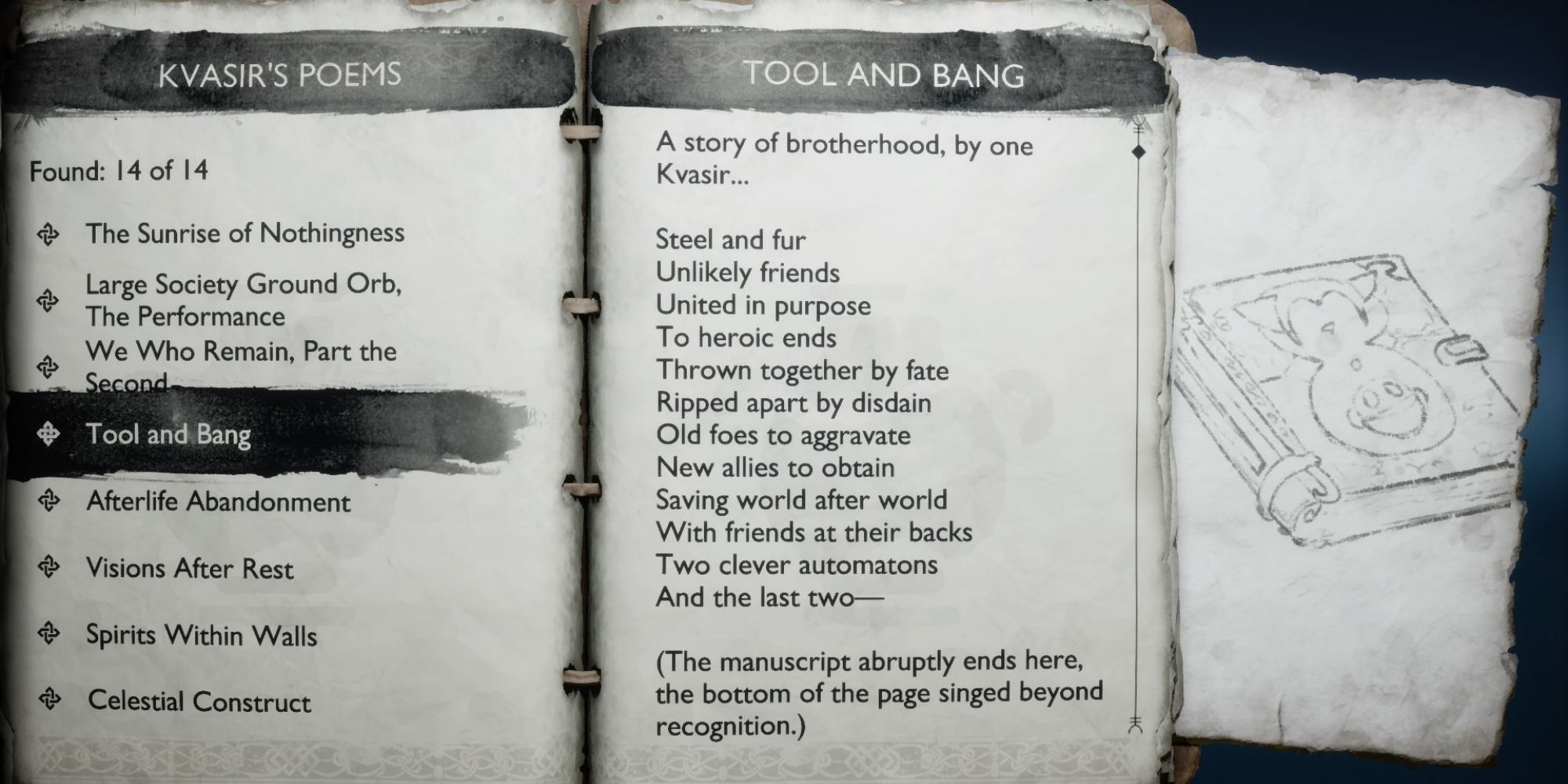 Krato's journal open to the page about  Tool and Bang