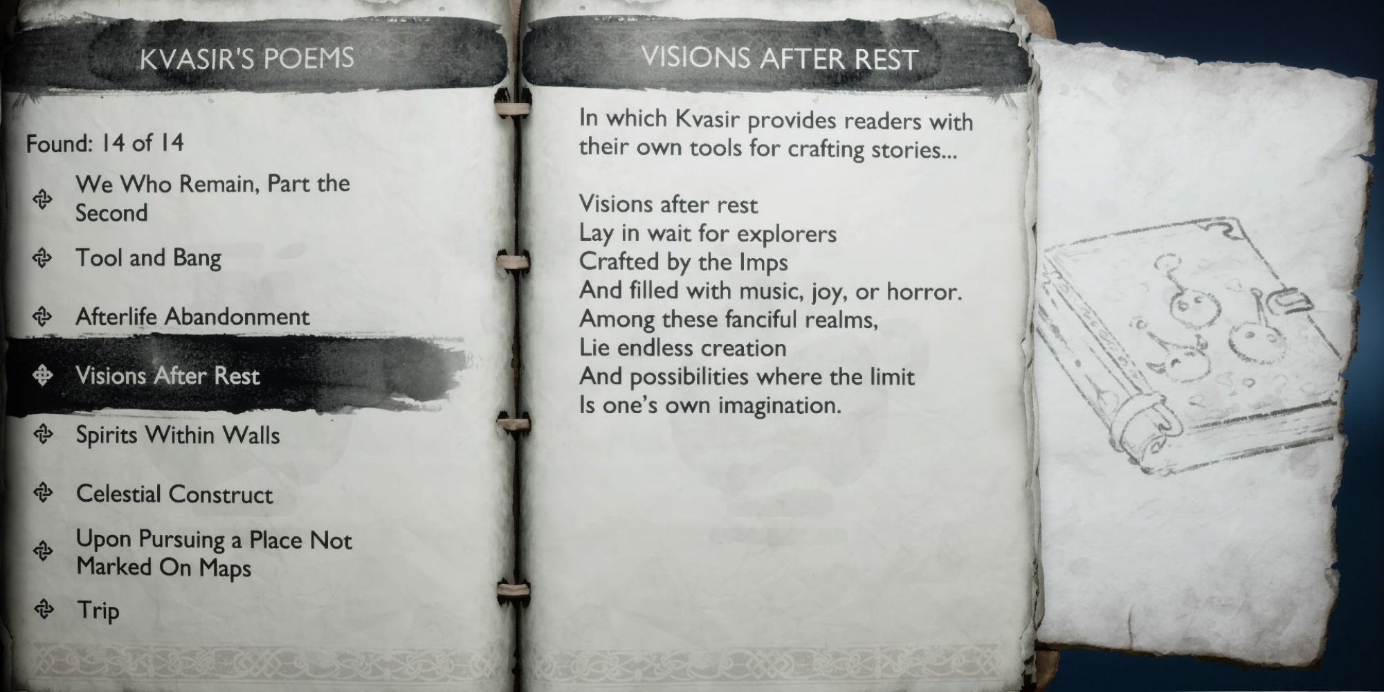 Krato's journal open to the page about Visions after Rest