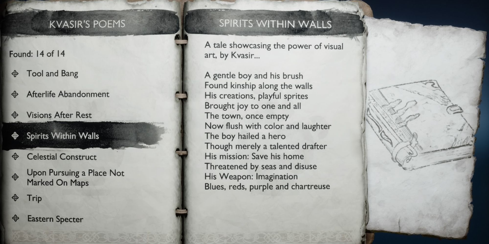 Krato's journal open to the page about Spirits Within Walls