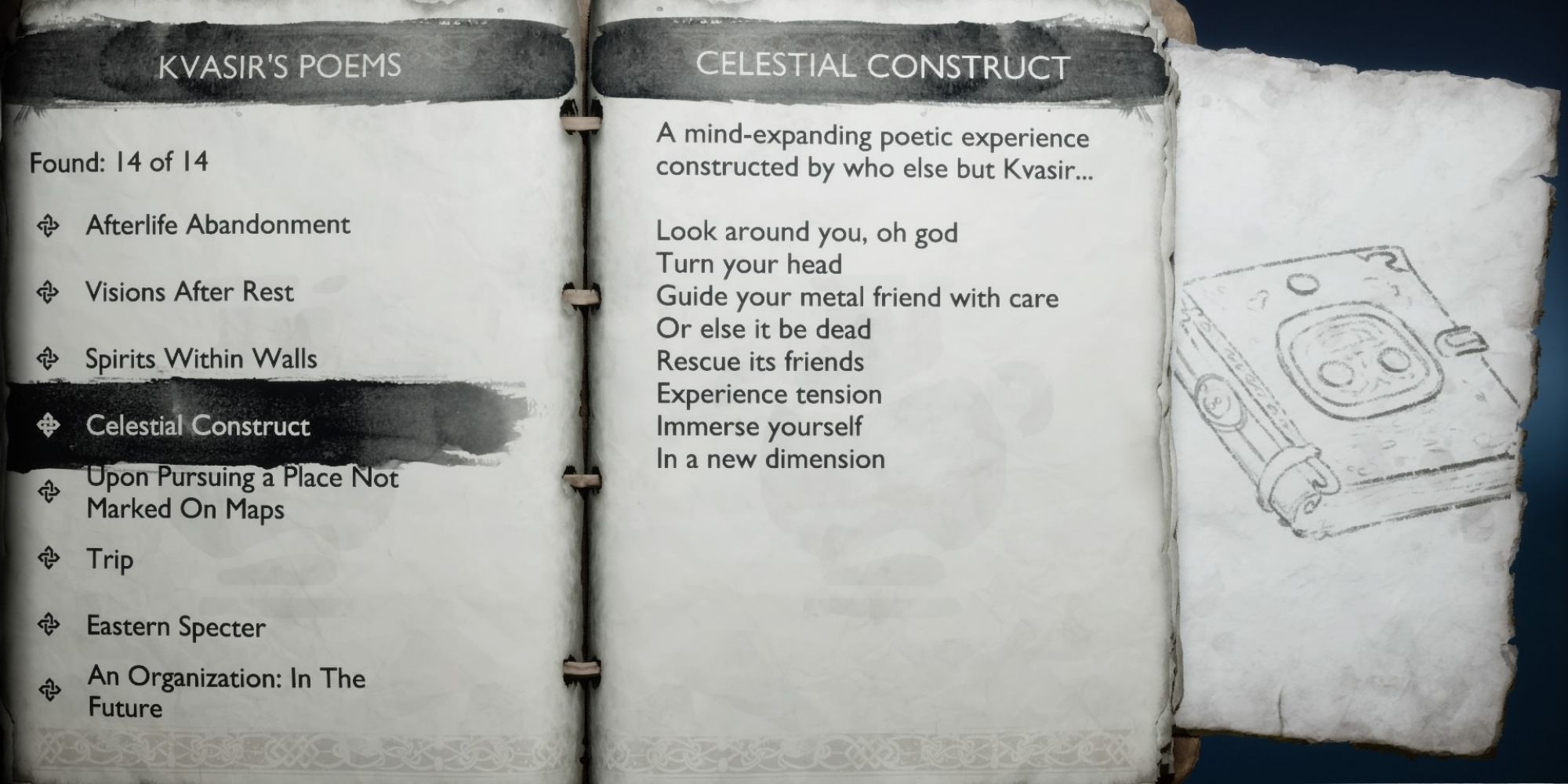 Krato's journal open to the page about Celestial Construct
