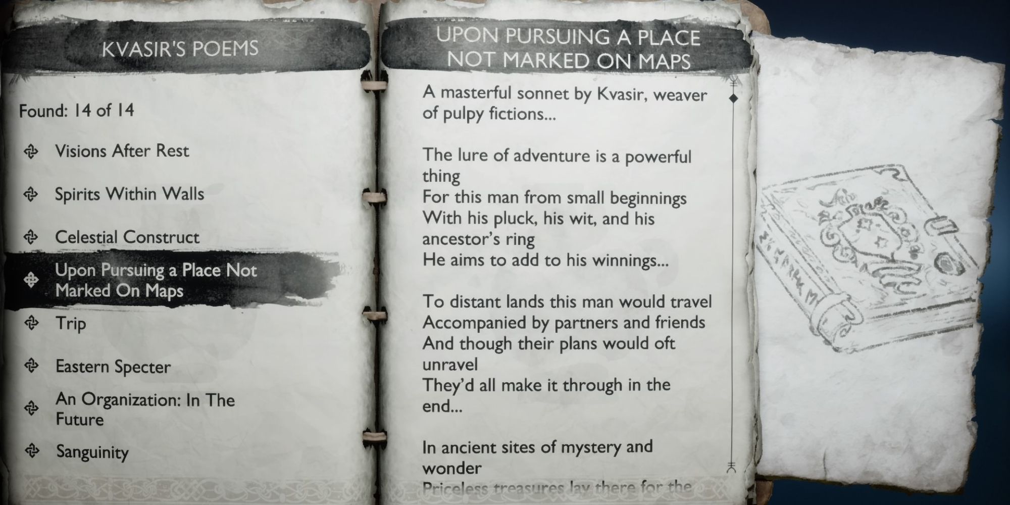 Krato's journal open to the page about Upon Pursuing a Place Not Marked On Maps