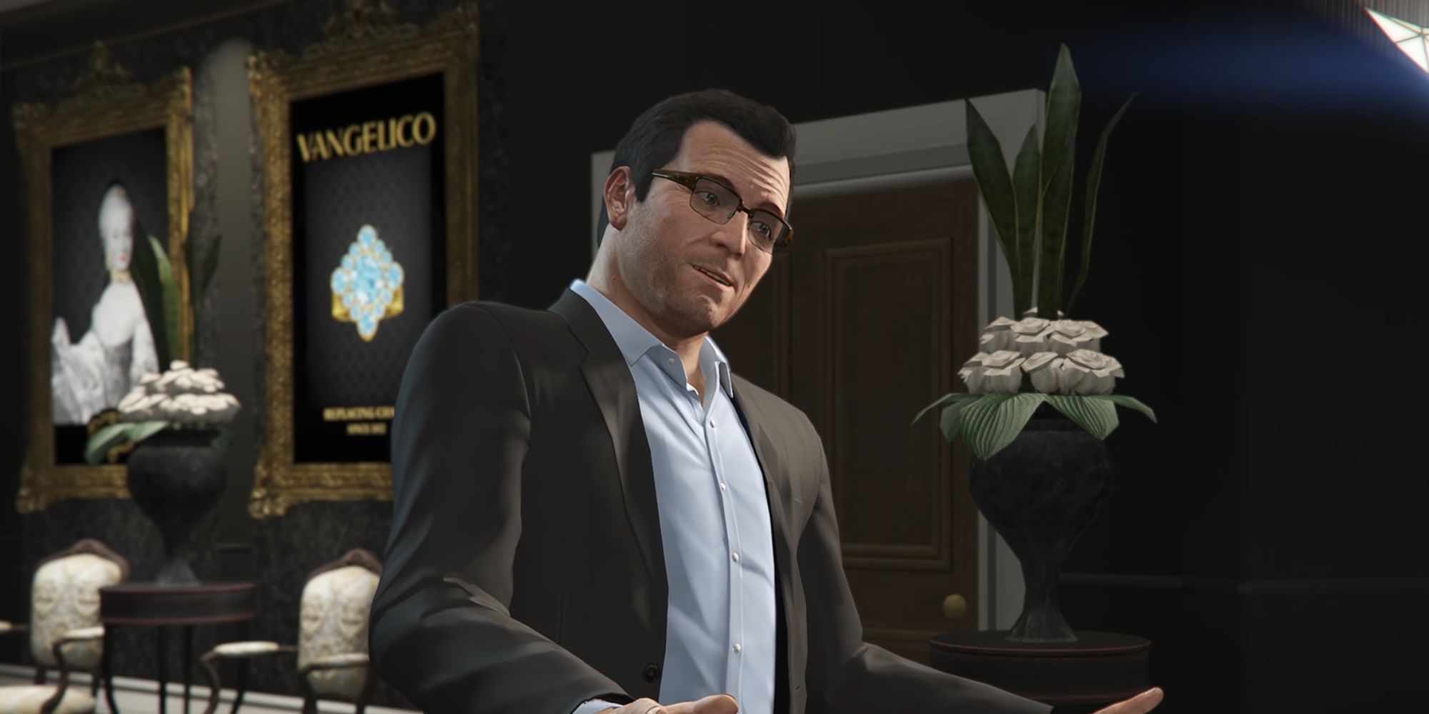 Grand Theft Auto 5 Screenshot of Michael wearing glasses as he cloaks a jewelry store