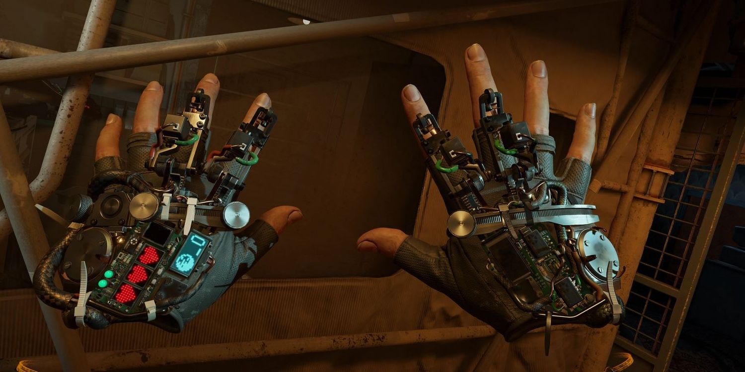 Alyx looks at the Gravity Gloves in Half-Life Alyx