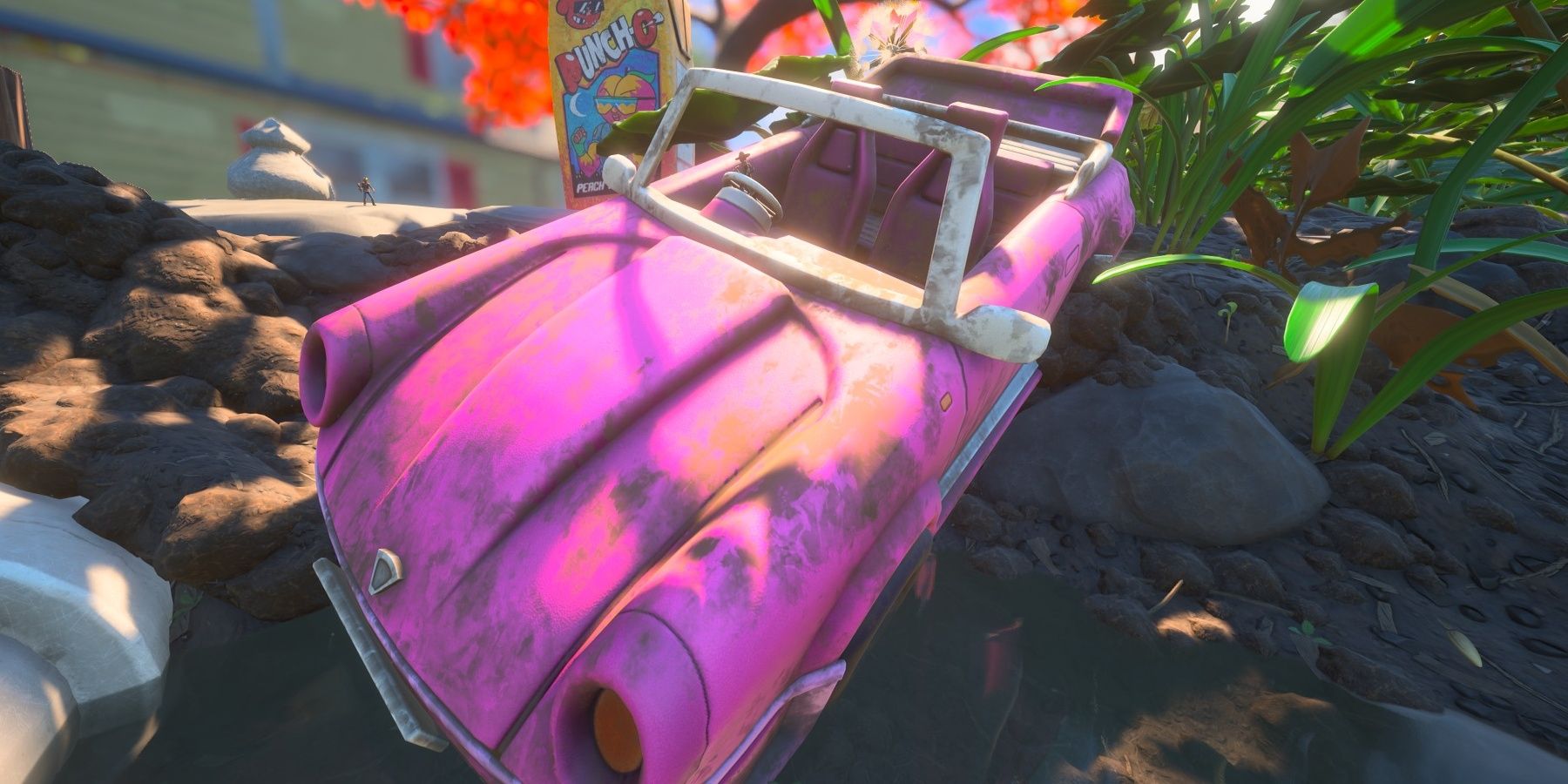 Grounded Best Small Details: a wrecked pink toy car.