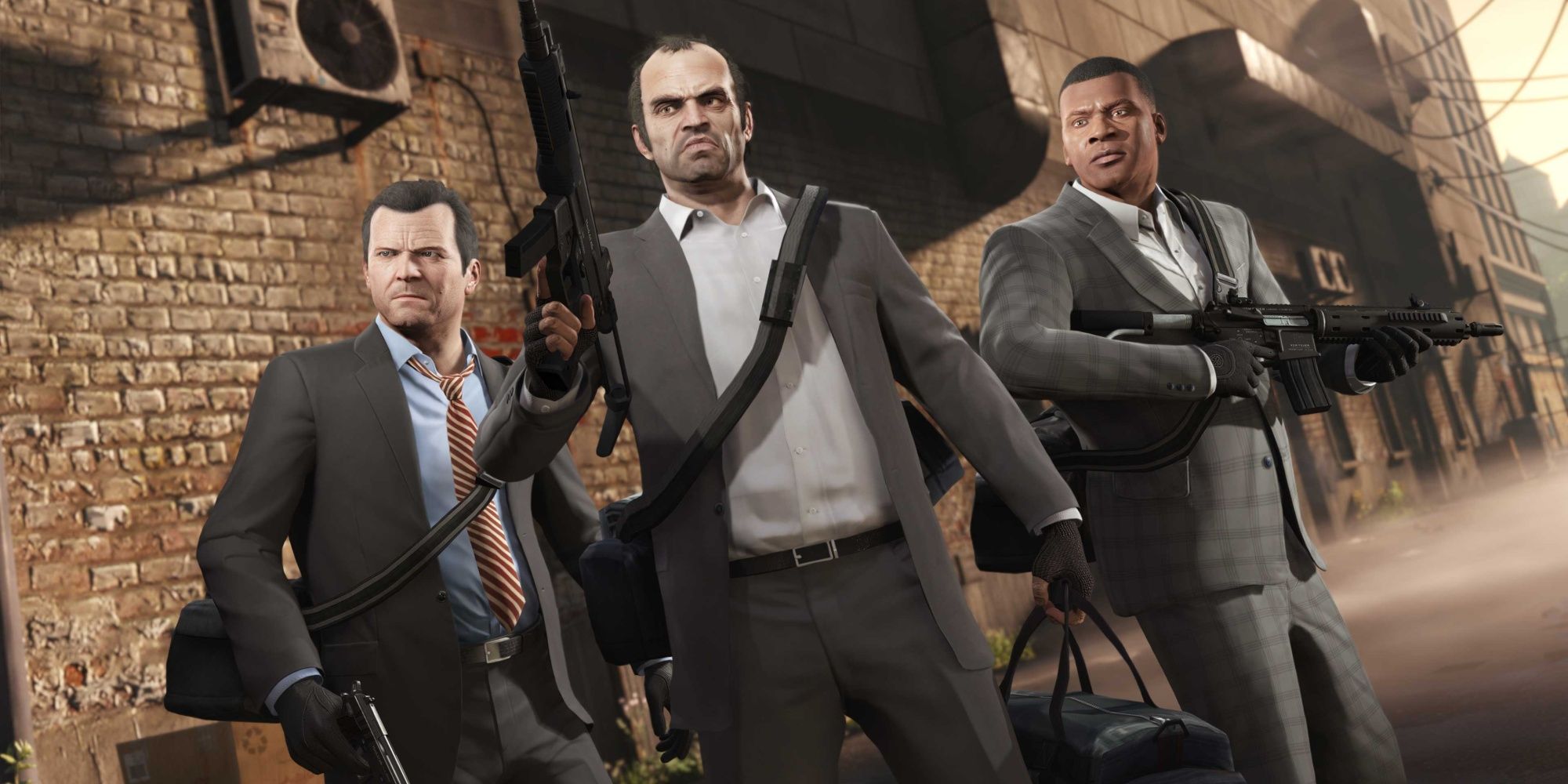 Michael, Trevor and Franklin from GTA 5 with weapons and money bags.