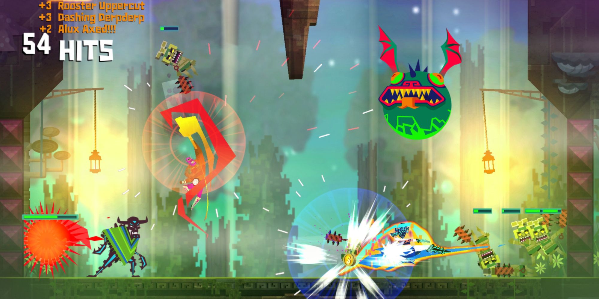 Juan Aguacate performing an uppercut and maintaining a high hit combo while fighting enemies in Guacamelee!