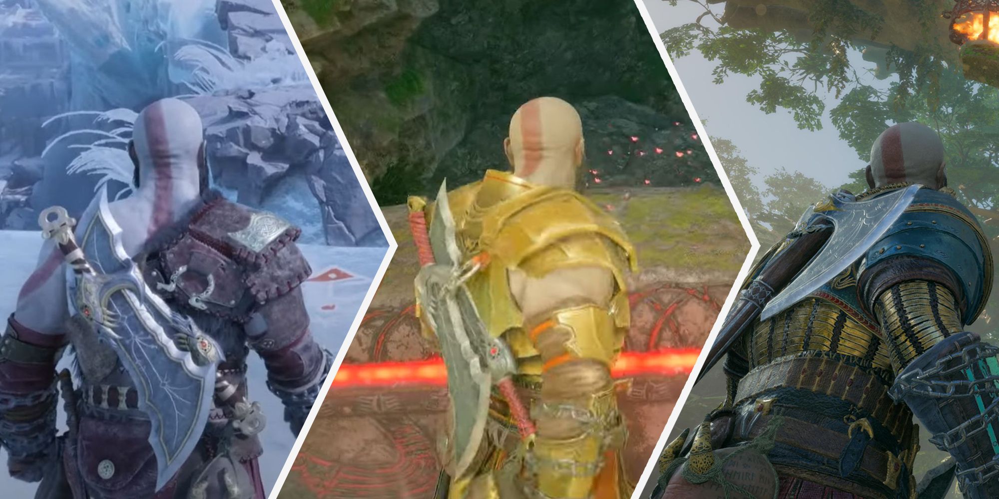 Split image with three photos of Kratos in different areas. The left photo is Kratos in the Realm Between Realms, the middle is Kratos opening a chest in Vanaheim, and the right is Kratos looking at two braziers in Vanaheim.
