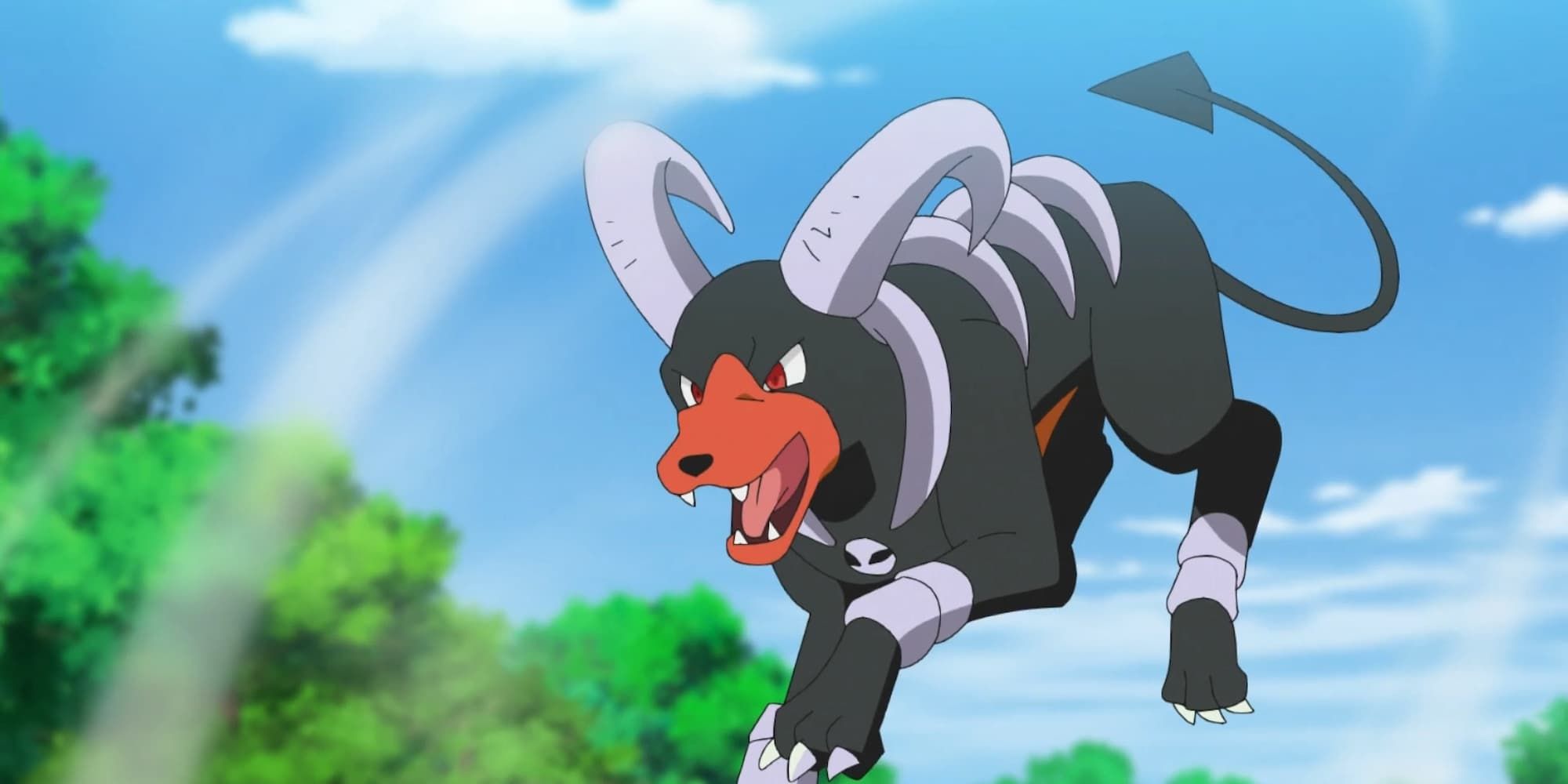 Houndoom jumps through the air, growling at its adversary.